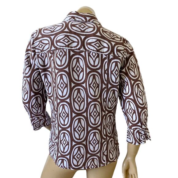 JM COLLECTION Womens Size 8 Brown White Linen 3/4 Sleeve Button Up Collar Shirt - Picture 4 of 6